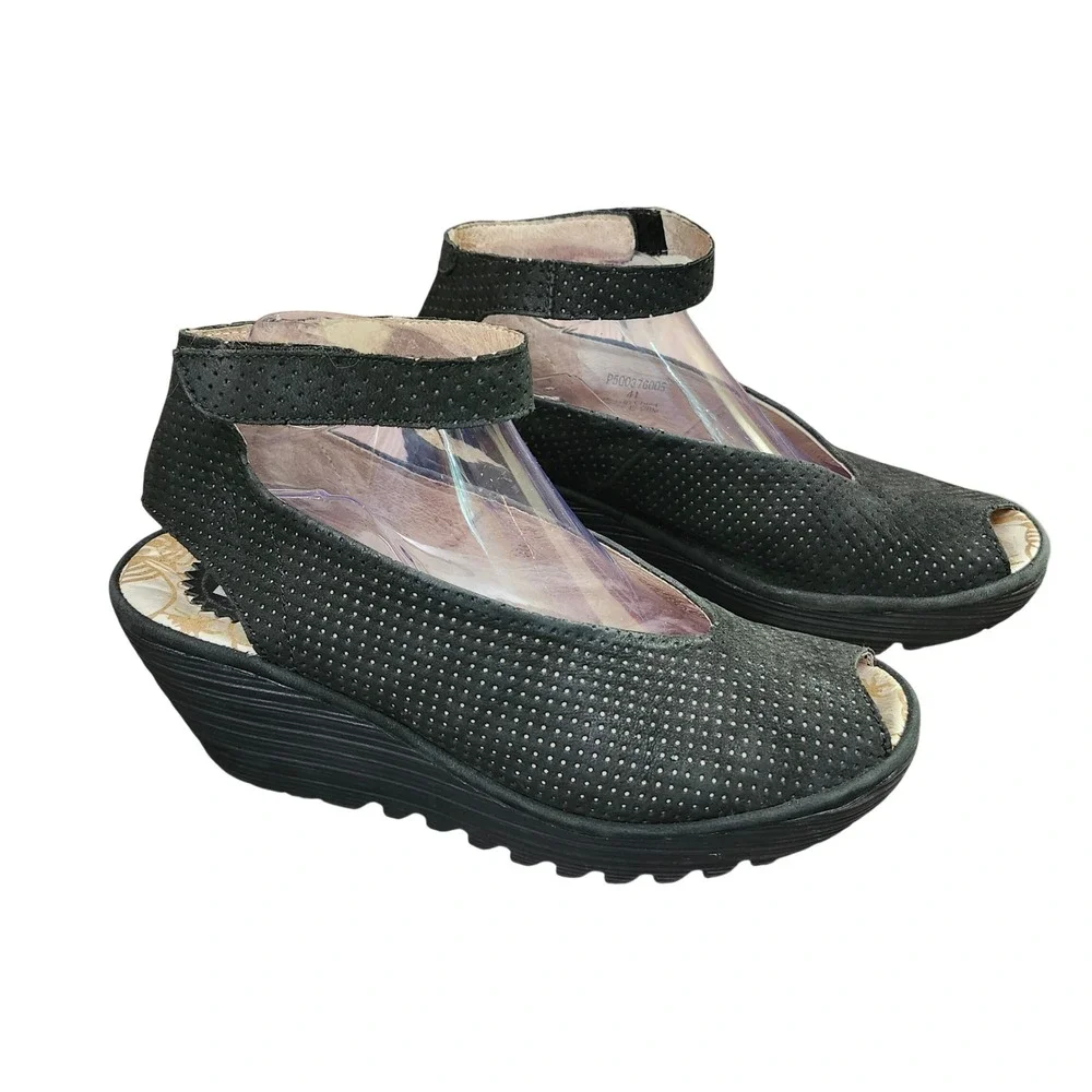 Fly London Yala Black Perforated Nubuck Leather Wedge Sandals Peep Toe 41